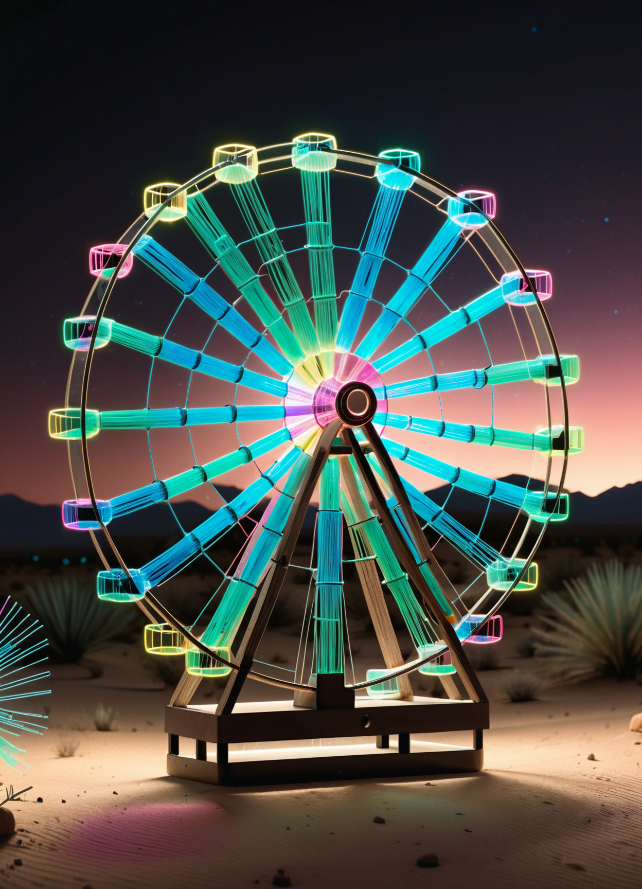 Ferris wheel (made of tiny neon glass filaments:1.2)  <lora:World_of_Glass_Filament:0.81> w0gf1l, in the desert at night