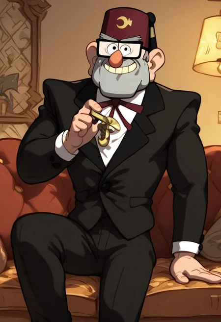 score_9_up, score_8_up, score_7_up, Masterpiece, best quality, high quality, detailed, male, solo male, 1boy, StanleyPines, human, cartoon, mature male, big ears, big nose, black eyes, gray hair, stubble, square jaw, square rim glasses, glasses, broad shoulders, hairy, five o’clock shadow, thick eyebrows, belly, old man, wide hips, thick thighs, indoors, looking at viewer, sitting on couch, black suit, white shirt, bolo tie, maroon fez, smile, living room, half body, hat, gravity falls, black pants