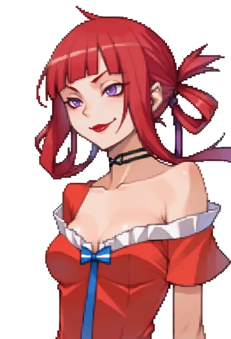 score_9, score_7_up, source_anime, solo, BREAK <lora:zs_DevilSurvivorPortraitsXL:1> devilsurvivorportraits, portraits, white background, cleavage, choker, red dress, off shoulder,, seductive smile, red lips, 1girl, purple eyes, red hair, blunt bangs, low hair rings, medium breasts,