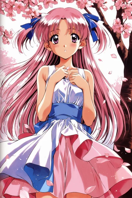 Sawatari Honoka,1girl,solo,petals,pink hair,long hair,ribbon,hair ribbon,blush,dress,two side up,pink eyes,hands on own chest,cherry blossoms,parted lips,looking at viewer,purple eyes,wind,bare shoulders,1990s \(style\),retro artstyle,<lora:Mizutani Tooru_XL:0.8>,