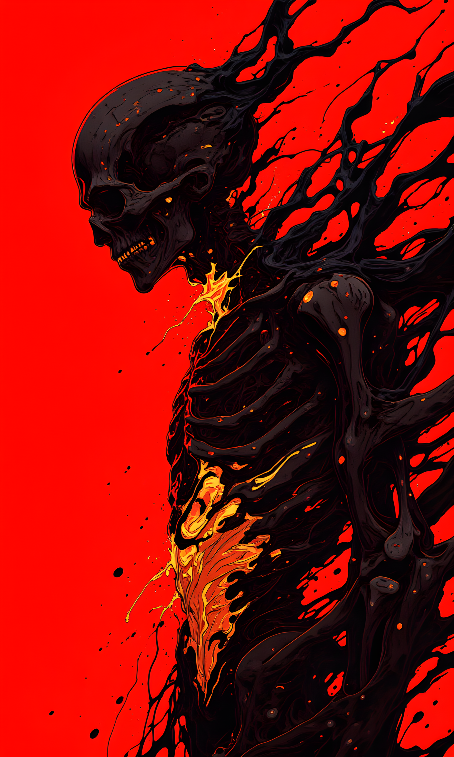 The image is a highly stylized and abstract depiction of a skeletal figure, rendered in bold, fiery colors. The background is a vivid red, which serves to highlight the dark, almost black form of the skeleton. The skeleton appears to be composed of swirling, molten material, giving it a sense of movement and fluidity. The bones are not clearly defined, but rather seem to be melting or flowing into each other.
The camera appears to be positioned at an angle, capturing the skeleton from a side perspective. This angle emphasizes the contours and curves of the skeletal form, adding to the dynamic quality of the image. The lighting is dramatic, with strong contrasts between the bright red background and the dark, shadowy areas of the skeleton. The light seems to be coming from within the skeleton itself, as if it is glowing with an inner fire.
The background is entirely red, with no other objects or elements present. This solid red backdrop serves to isolate the skeleton and make it stand out even more. The use of negative space enhances the impact of the fiery colors and the intricate details of the skeletal form.
The composition centers the skeleton in the frame, with the lines and curves of the bones leading the viewer's eye across the image. The use of color and texture creates a sense of tension and unease, making the image feel both powerful and unsettling. The overall effect is one of raw energy and intensity, evoking a range of emotions in the viewer.
BREAK anime, d13s3lp2nk, bboil artist style, OBdonman, Anime art, <lora:FLUX\Anime Art V3:0.2>, <lora:FLUX\Synesthesia:0.2>, <lora:FLUX\RetroAnimeS1.1:0.5>, <lora:FLUX\Flux-jijia:0.1>, <lora:FLUX\It's a LoRA for portraits, BUT! actually specialized in backgrounds. v1.0:0.1>, <lora:FLUX\GLSHS:0.2>, <lora:FLUX\Dieselpunk Delight - s0_9 g4:0.4>, <lora:FLUX\OBdonman, anime0style portrait:0.1>