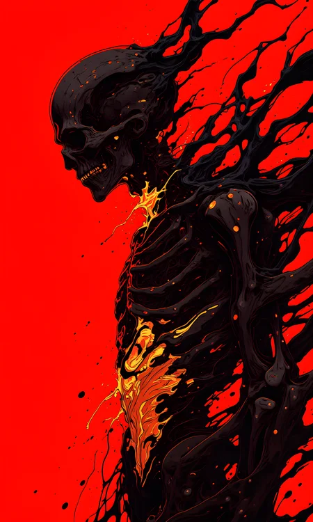 The image is a highly stylized and abstract depiction of a skeletal figure, rendered in bold, fiery colors. The background is a vivid red, which serves to highlight the dark, almost black form of the skeleton. The skeleton appears to be composed of swirling, molten material, giving it a sense of movement and fluidity. The bones are not clearly defined, but rather seem to be melting or flowing into each other.
The camera appears to be positioned at an angle, capturing the skeleton from a side perspective. This angle emphasizes the contours and curves of the skeletal form, adding to the dynamic quality of the image. The lighting is dramatic, with strong contrasts between the bright red background and the dark, shadowy areas of the skeleton. The light seems to be coming from within the skeleton itself, as if it is glowing with an inner fire.
The background is entirely red, with no other objects or elements present. This solid red backdrop serves to isolate the skeleton and make it stand out even more. The use of negative space enhances the impact of the fiery colors and the intricate details of the skeletal form.
The composition centers the skeleton in the frame, with the lines and curves of the bones leading the viewer's eye across the image. The use of color and texture creates a sense of tension and unease, making the image feel both powerful and unsettling. The overall effect is one of raw energy and intensity, evoking a range of emotions in the viewer.
BREAK anime, d13s3lp2nk, bboil artist style, OBdonman, Anime art, <lora:FLUX\Anime Art V3:0.2>, <lora:FLUX\Synesthesia:0.2>, <lora:FLUX\RetroAnimeS1.1:0.5>, <lora:FLUX\Flux-jijia:0.1>, <lora:FLUX\It's a LoRA for portraits, BUT! actually specialized in backgrounds. v1.0:0.1>, <lora:FLUX\GLSHS:0.2>, <lora:FLUX\Dieselpunk Delight - s0_9 g4:0.4>, <lora:FLUX\OBdonman, anime0style portrait:0.1>