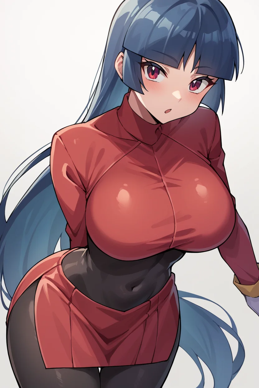 score_9, score_8_up, source_anime, 1girl, solo BREAK <lora:sabrina-pdxl-nvwls-v1-000006:1> frlgsab, blunt bangs, very long hair, black bodysuit, red turtleneck, crop top, red sleeves, red skirt, white gloves, black pantyhose, (large breasts:0.7)