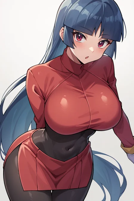 score_9, score_8_up, source_anime, 1girl, solo BREAK <lora:sabrina-pdxl-nvwls-v1-000006:1> frlgsab, blunt bangs, very long hair, black bodysuit, red turtleneck, crop top, red sleeves, red skirt, white gloves, black pantyhose, (large breasts:0.7)