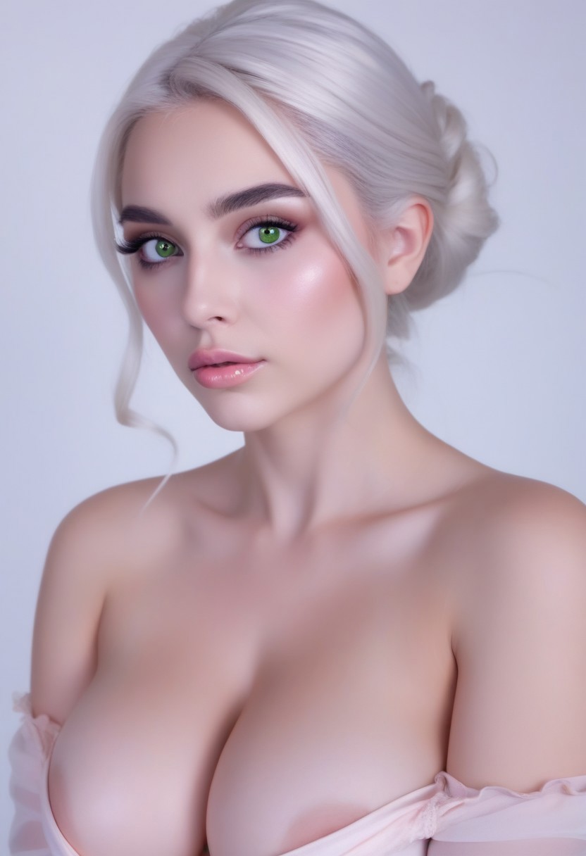 A beautiful young woman with fair, porcelain-like skin and platinum blonde hair styled in a soft, elegant low bun with a few loose strands framing her face. She has striking, large green eyes with long eyelashes, subtle eyeshadow, defined brows, and softly blushed cheeks. Her lips are full with a natural pink gloss. She is wearing a light pastel off-shoulder top, revealing her shoulders and upper chest down to the cleavage. The image is composed from head to cleavage, with flattering, soft lighting. Set against a clean white background. Hyper-realistic, high detail, studio portrait, front-facing, centered composition.