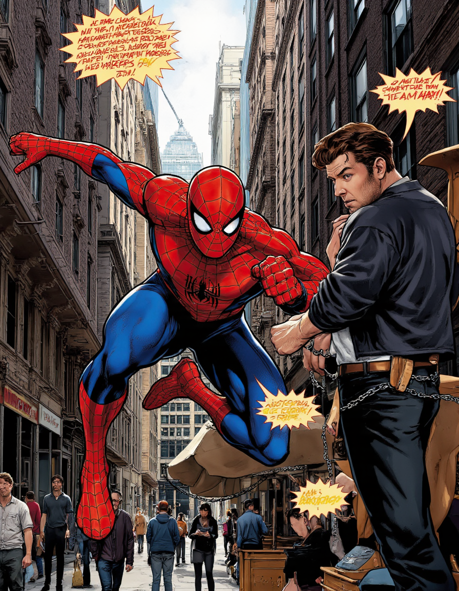  <lora:{martoonia, }martoonia:0.85> martoonia, A comic book style, hyperrealistic image of Spider-Man in a dynamic action pose, set against the iconic New York City skyline on a bright daylight day, with a vibrant color palette dominated by red, blue, gray, and brown tones. Spider-Man, with his Caucasian skin, athletic build, and short, dark hair, wears his iconic suit, meticulously detailed with intricate web patterns, a large spider emblem on his chest, and a full-face mask that reflects the light, showcasing his intense, determined expression. His suit is a deep blue and red, with a black spider symbol, and he is posed in mid-air, with his legs stretched out and his arms outstretched, as if he is swinging from an invisible web. The cityscape behind him is a bustling metropolis, with towering skyscrapers featuring intricate architectural details, such as ornate stone carvings, metallic facades, and rows of windows reflecting the sky. On the street below, people are going about their daily business, with two individuals, a young woman with long, curly brown hair and a middle-aged man with a beard, standing on the sidewalk, engaged in a heated conversation, their faces contorted in emotional expressions, with speech bubbles emerging from their mouths, filled with bold, colorful text. The scene is filled with urban details, including dumpsters, chained fences, and spider webs clinging to the sides of buildings, while the dramatic lighting casts deep shadows and highlights the textures of the characters and their surroundings, with a sense of depth and dimensionality. The image is framed in a comic book panel style, with bold lines, dynamic angles, and a sense of energy and movement, as if the scene is about to burst out of the panel. The overall mood is one of intense action, emotional drama, and urban grittiness, with a hint of superhero excitement. The image features a mix of realistic and stylized elements, blending the hyperrealistic details of the characters and cityscape with the exaggerated, dynamic poses and expressions of a comic book. The speech bubbles add a layer of storytelling and emotional depth to the scene, drawing the viewer into the world of the comic book. The chained elements and spider webs add a sense of tension and foreboding, hinting at the dangers and challenges that Spider-Man faces in his battle to protect the city. The image is a testament to the enduring power of the comic book medium, with its unique blend of visual storytelling, dynamic action, and emotional resonance. . 35mm photograph, film, bokeh, professional, 4k, highly detailed