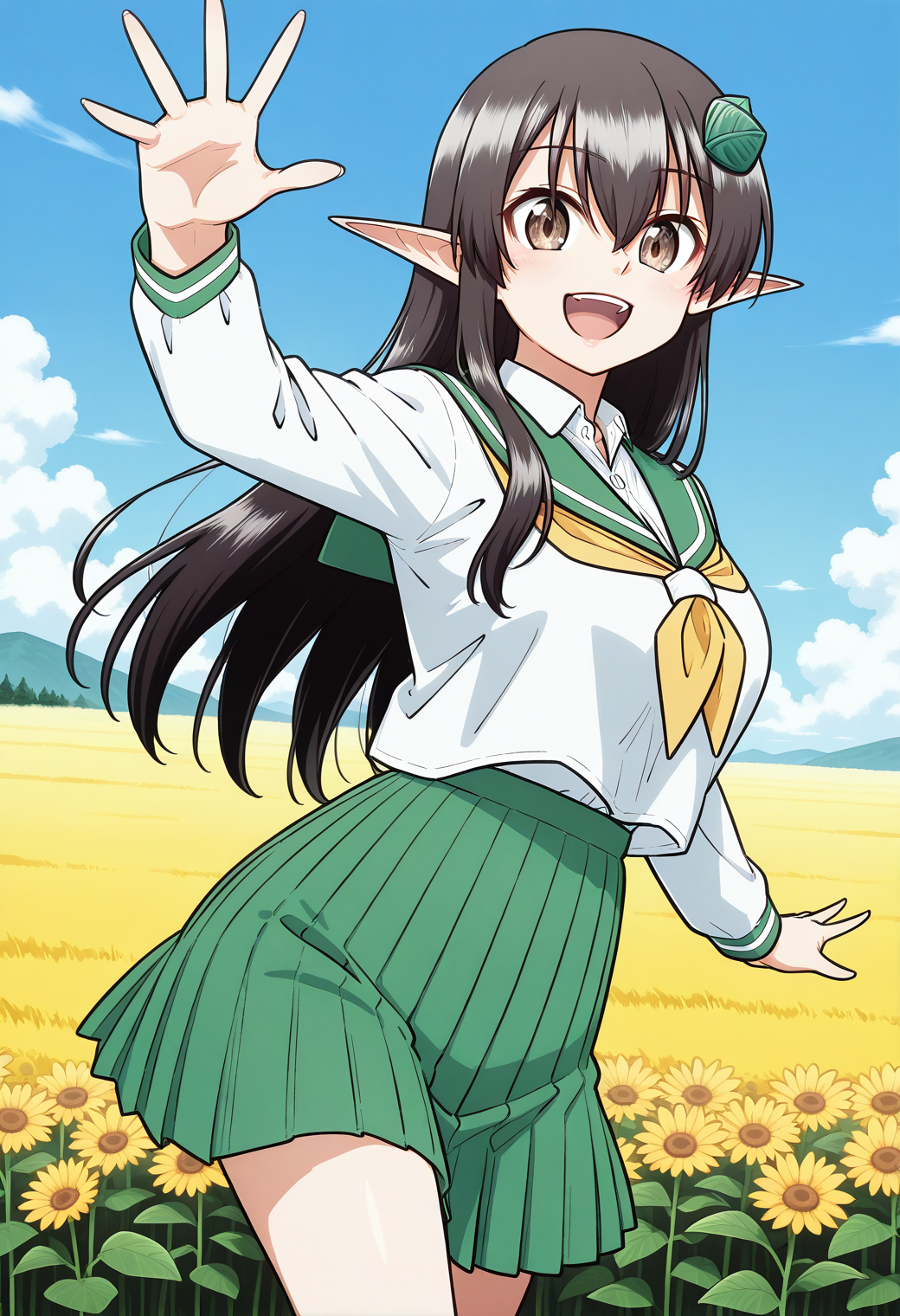 kazamori_itoko, pointy ears, brown eyes, black hair, long hair, hair ornament, school uniform, serafuku, collared shirt, long sleeves, pleated skirt, green skirt, <lora:kazamori_itoko_illustrious_ver1:0.8>
smile, open mouth, 1girl, solo, (field:1.2), (blue sky:1.2), looking at viewer,, masterpiece, best quality, general,, (cowboy shot, dynamic pose:1.4),