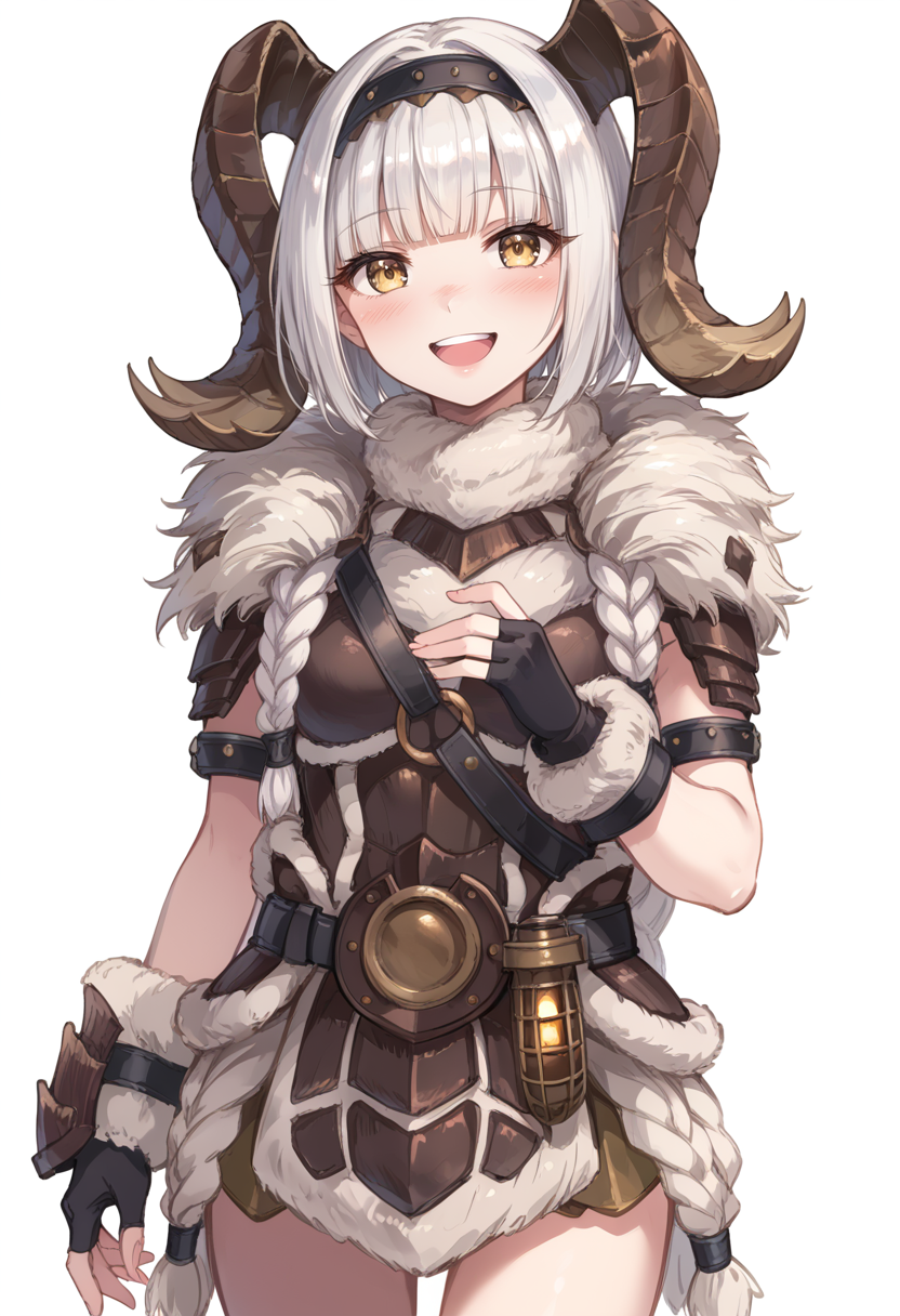 (score_9:0.9),score_8_up,score_7_up,rating_safe,anime style,(zPDXL),<lora:Banbaro beta armor ponyXL v1.2:0.75>,banbaro beta armor,1girl,solo,horn hairband,looking at viewer,smile,white background,white fingerless gloves,open mouth,blush,simple background,white hair,yellow eyes,teeth,:d,cowboy shot,blunt bangs,long hair,short hair,
