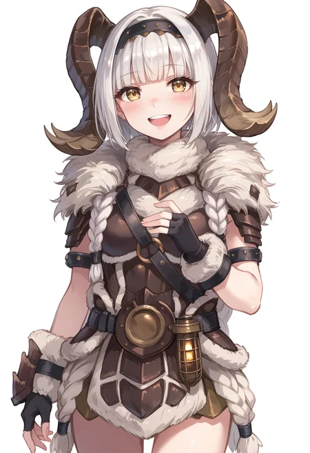 (score_9:0.9),score_8_up,score_7_up,rating_safe,anime style,(zPDXL),<lora:Banbaro beta armor ponyXL v1.2:0.75>,banbaro beta armor,1girl,solo,horn hairband,looking at viewer,smile,white background,white fingerless gloves,open mouth,blush,simple background,white hair,yellow eyes,teeth,:d,cowboy shot,blunt bangs,long hair,short hair,