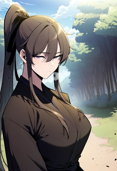 score_9, score_8_up, score_7_up, score_6_up, source_anime, rating_explicit, <lora:neg4all_bdsqlsz_V3.5:2.0>1girl, (solo:1.2), huge breasts, <lora:Wolyoungponyxl:1> ponytail, long hair, hair between eyes, purple eyes, high ponytail, sidelocks, black hair, brown hair, japanese clothes, long sleeves, hair ribbon, black kimono, expressionless, Narrow shoulders, heavy breathing, steaming body, forest, outdoors, looking at viewer