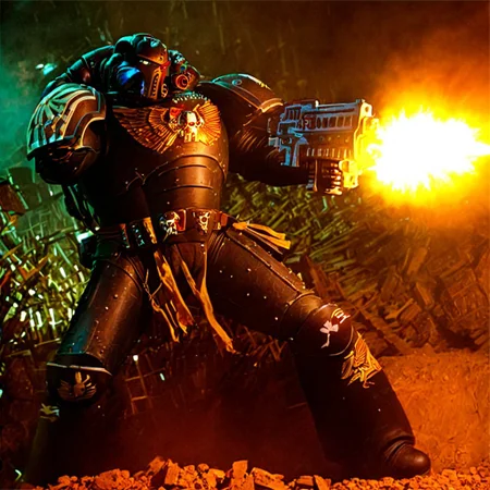 Score_9_up, absurdres, source: GamesWorkshop, grimdark, gothic horror, an adeptus astartes space marine in terminator armor and helmet, he is firing a bolter gun