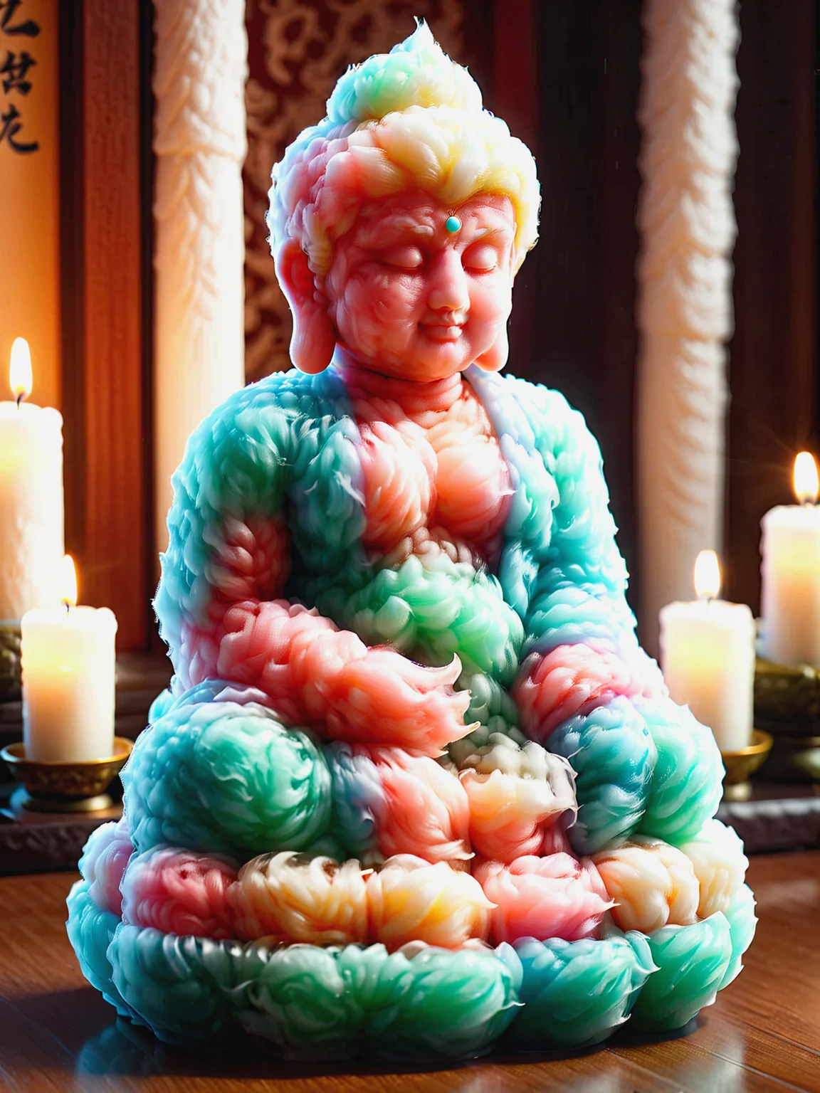 mad-cttncndy buddha statue, fluffy, temple, shrine, tatami, candles, incensecinematic shot, great lighting <lora:Cotton_Candy_SDXL:1.2>, (masterpiece:1.2), best quality