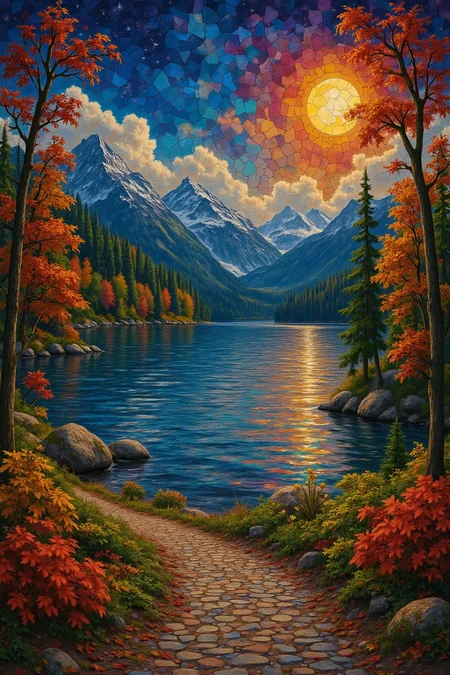Mosaic-style digital art, depicting a serene lakeside path in autumn with vibrant trees under a star-filled sky, mountains in the distance reflecting in the calm water, the moon's soft glow illuminating the scene, the colorful mosaic tiles with intricate textures and vibrant colors. The scene should include a rich variety of elements, each contributing to the overall atmosphere. Lighting should be soft, diffused, and natural, enhancing the depth and realism of the scene. The mood is to be calm yet vibrant, creating a sense of serenity and wonder. Every detail in the scene should be meticulously rendered, emphasizing the contrast between light and shadow, and capturing the fine textures and subtle gradients. The color palette should be carefully chosen to evoke emotion, with each hue enhancing the aesthetic appeal of the overall composition. The final image should be immersive and captivating, drawing the viewer into its intricately detailed world.