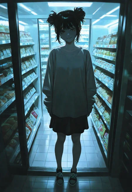 1girl, black hair, beautiful, {{detailed eyes}}, messy bun \(hairstyle\), young, dark eyes, bangs, black oversized shirt, short skirt, muted colors, {{beautiful detailed face}}, semi-realistic, {{aesthetic}}, {{{best quality}}}, stunning, perfect body, soft features, looking at viewer, wide angle, night time, {playful|smirking} \(expression\), in the convenience store, full body shot, relaxed \(posture\), pierced ear
