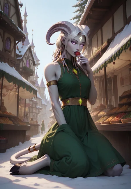safe_pos, (absurdres, best quality, masterpiece:1.4), score_9, score_8_up, score_7_up, score_6_up, detailed, detailed body, detailed face,
(culDraenei, purple eyes, no sclera, no pupils, athletic, tall, slim, pale skin, grey skin, long tail, long ears), confident,
(long loose green dress, sleeveless),
on floor, wariza, kneeling, spread legs, side view,
outdoors, fantasy market background, market stalls, food, snow, daytime, sunshine
