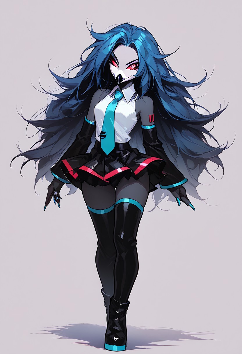 score_9, score_8_up, score_7_up, score_6_up, 1girl, solo, octavia, octavia, avian bird demon owl owl_demon, beak, red sclera, from hellova boss, anthro furry, long blue hair, twin tails, holding microphone, perfect face, perfecteyes, sexy, sexy girl, beautiful eyes,  dancing, dynamic angle, full body shot, red eyes, glowing eyes, pop star, singing, <lora:hatsune-miku-cosplay-ponyxl-lora-nochekaiser:1>, hatsunemikucosplay, hatsune miku \(cosplay\), aqua necktie, black footwear, black skirt, black sleeves, boots, collared shirt, detached sleeves, grey shirt, necktie, pleated skirt, shirt, skirt, sleeveless, sleeveless shirt, thigh boots, tie clip,