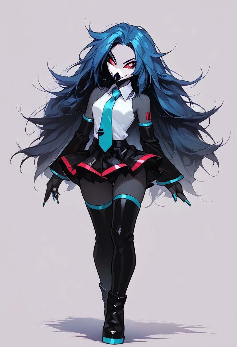 score_9, score_8_up, score_7_up, score_6_up, 1girl, solo, octavia, octavia, avian bird demon owl owl_demon, beak, red sclera, from hellova boss, anthro furry, long blue hair, twin tails, holding microphone, perfect face, perfecteyes, sexy, sexy girl, beautiful eyes, dancing, dynamic angle, full body shot, red eyes, glowing eyes, pop star, singing, <lora:hatsune-miku-cosplay-ponyxl-lora-nochekaiser:1>, hatsunemikucosplay, hatsune miku \(cosplay\), aqua necktie, black footwear, black skirt, black sleeves, boots, collared shirt, detached sleeves, grey shirt, necktie, pleated skirt, shirt, skirt, sleeveless, sleeveless shirt, thigh boots, tie clip,