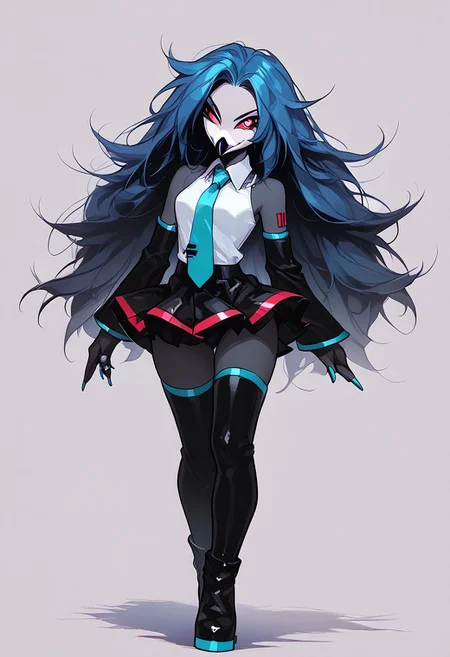 score_9, score_8_up, score_7_up, score_6_up, 1girl, solo, octavia, octavia, avian bird demon owl owl_demon, beak, red sclera, from hellova boss, anthro furry, long blue hair, twin tails, holding microphone, perfect face, perfecteyes, sexy, sexy girl, beautiful eyes,  dancing, dynamic angle, full body shot, red eyes, glowing eyes, pop star, singing, <lora:hatsune-miku-cosplay-ponyxl-lora-nochekaiser:1>, hatsunemikucosplay, hatsune miku \(cosplay\), aqua necktie, black footwear, black skirt, black sleeves, boots, collared shirt, detached sleeves, grey shirt, necktie, pleated skirt, shirt, skirt, sleeveless, sleeveless shirt, thigh boots, tie clip,