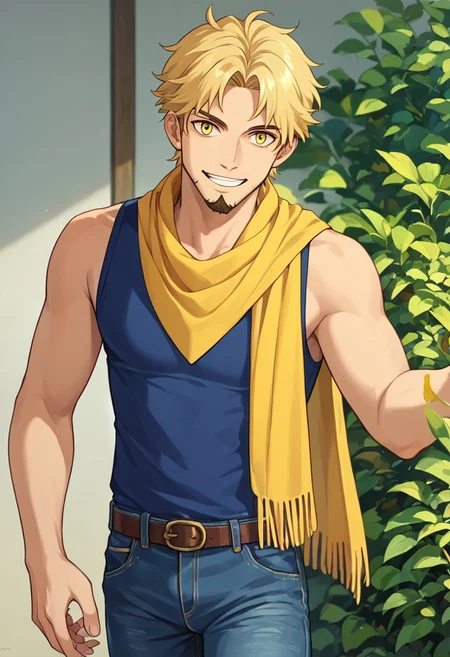(masterpiece), best quality, an 18-year-old slim boy with long blonde mullet hair, a blonde goatee beard and yellow eyes, he wears a blue tank top, jean pants and a yellow scarf around the neck, smiling, score_9, score_8_up, score_7_up, source_anime, score_9, score_8_up, score_7_up, gh1bl1