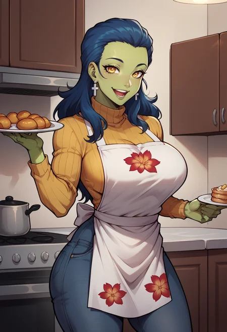 score_9, score_8_up, score_7_up, BREAK 1girl, cowboy shot, looking at you, open mouth, smile, happy, holding plate, food, <lora:GabrielSMT-pdxl:1> gabySMT, long hair, green skin, yellow eyes, cross earrings, ribbed sweater, jeans, floral print apron, big breasts, indoors, kitchen