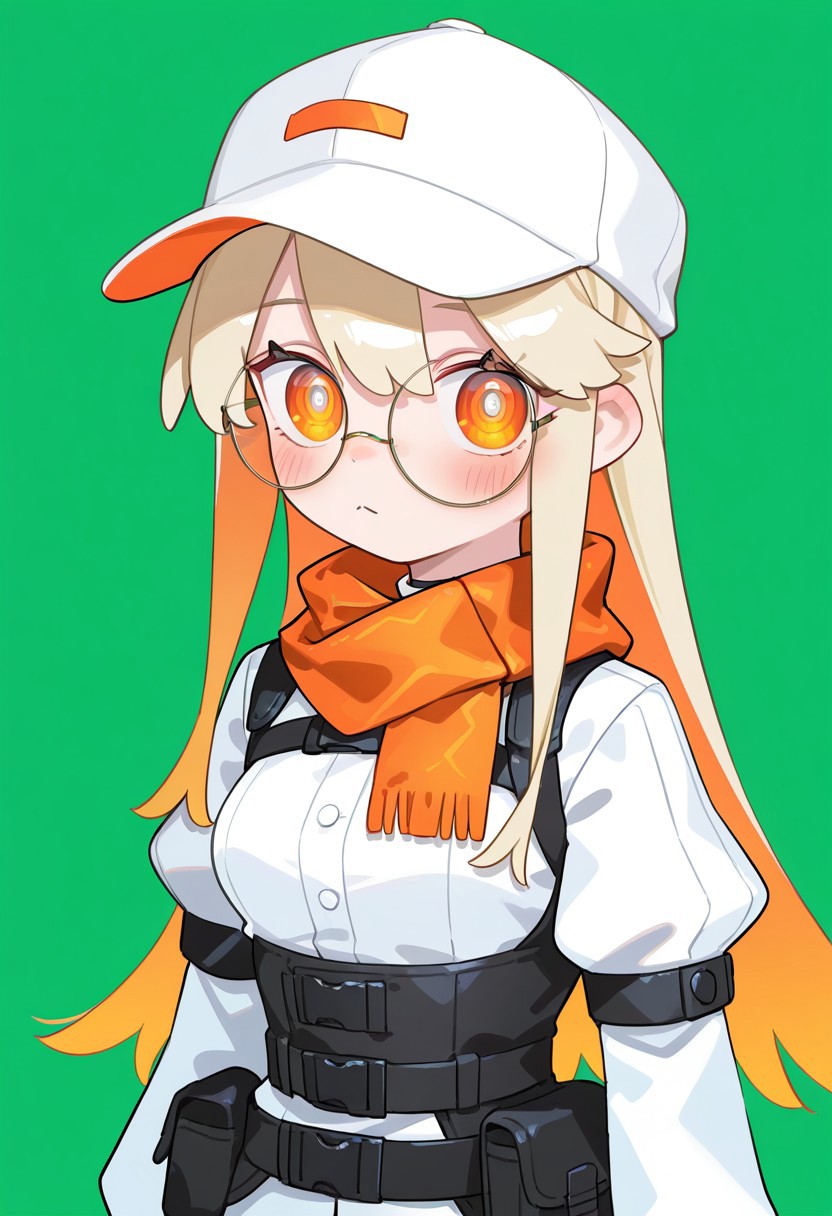 masterpiece, best quality, amazing quality, very aesthetic, absurdres, newest, scenery, , 1girl, solo, round eyewear, glasses, hat, simple background, green background, looking at viewer, closed mouth, blonde hair, orange eyes, pouch, blush, upper body, long hair, baseball cap, breasts, shirt, white headwear, scarf, belt pouch, white shirt ,cielina