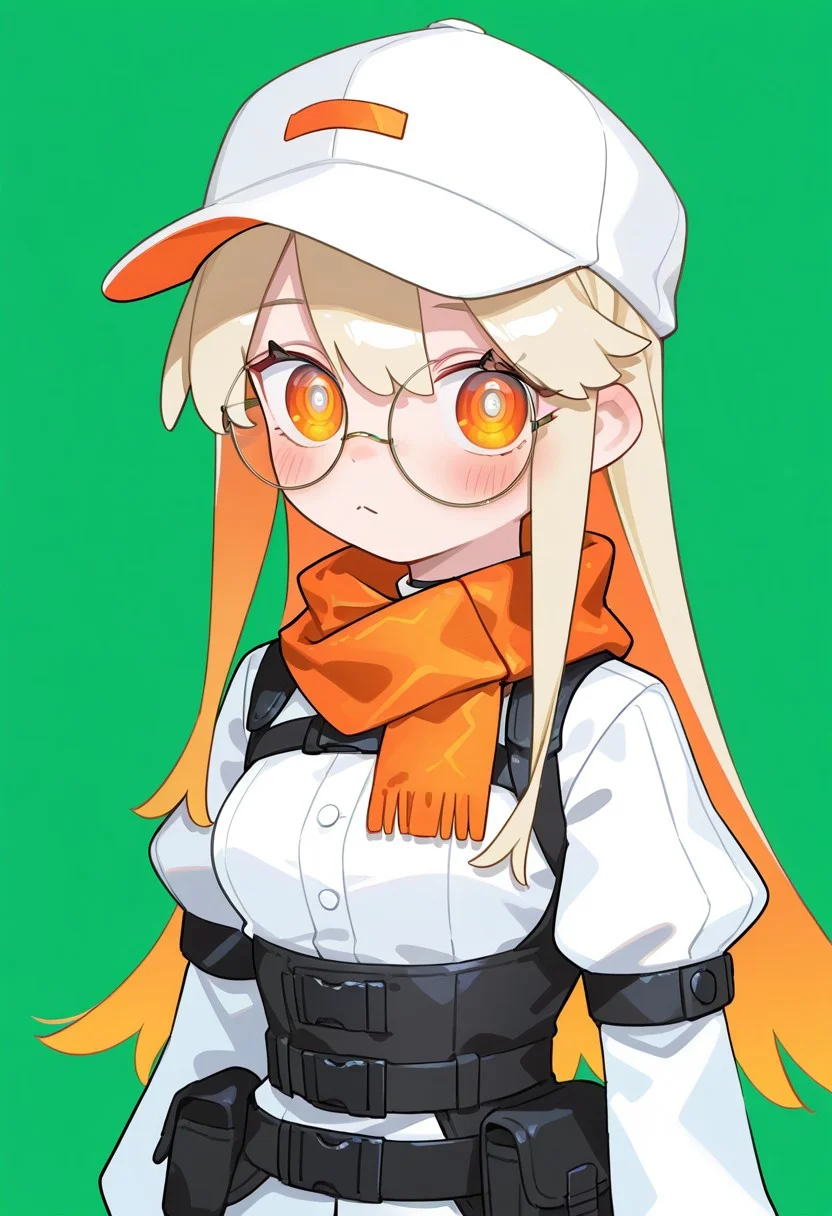 masterpiece, best quality, amazing quality, very aesthetic, absurdres, newest, scenery, , 1girl, solo, round eyewear, glasses, hat, simple background, green background, looking at viewer, closed mouth, blonde hair, orange eyes, pouch, blush, upper body, long hair, baseball cap, breasts, shirt, white headwear, scarf, belt pouch, white shirt ,cielina