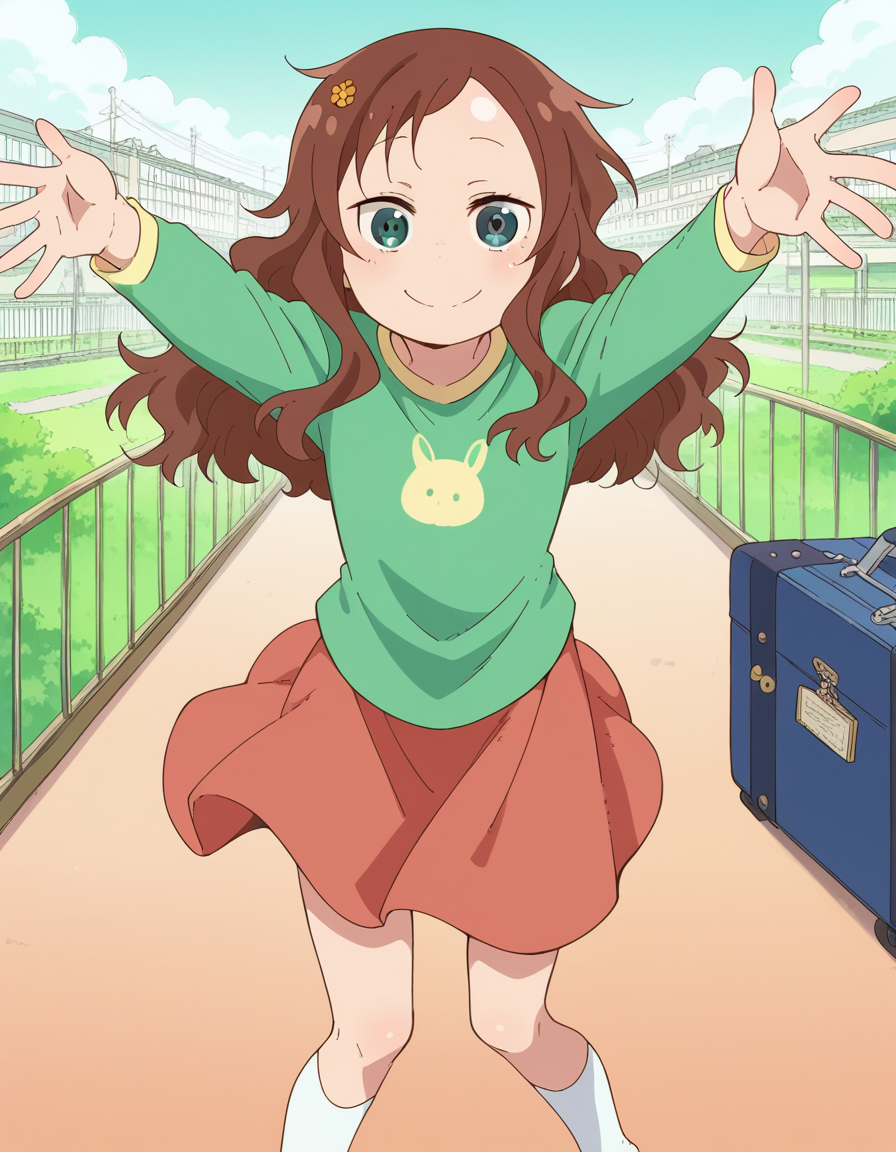 score_9, score_8_up, score_7_up, source_anime, <lora:riko-saikawa-s2-ponyxl-lora-nochekaiser:1>, riko saikawa, long hair, brown hair, green eyes, hair flower, hair ornament, flower,, skirt, shirt, long sleeves, red skirt, white socks, green shirt,, airport, waiting area, suitcase, flight delayed, passengers, reading book, smile, looking at viewer, on back, arm support, arms up, incoming hug, pov, reaching, reaching towards viewer,, solo,, dutch angle,