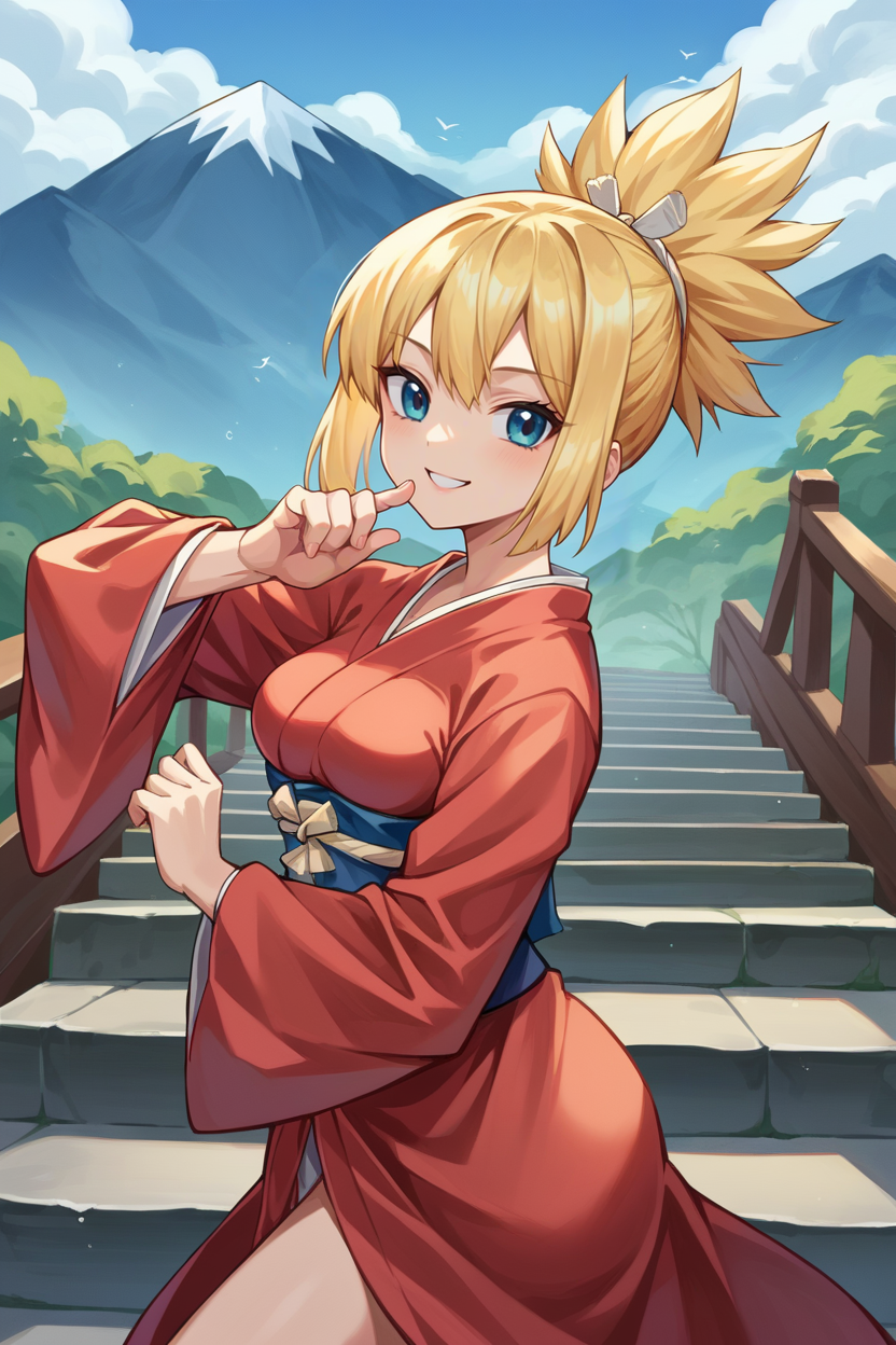 score_9, score_8_up, score_7_up, score_6_up, source_anime, BREAK 1girl, solo,  <lora:dskohaku-pdxl-nvwls-v1-000005:0.9> dskohaku, blonde hair, short ponytail, blue eyes, medium breasts, wide sleeves, red kimono, obi, mountains, stairs, looking at you, smile