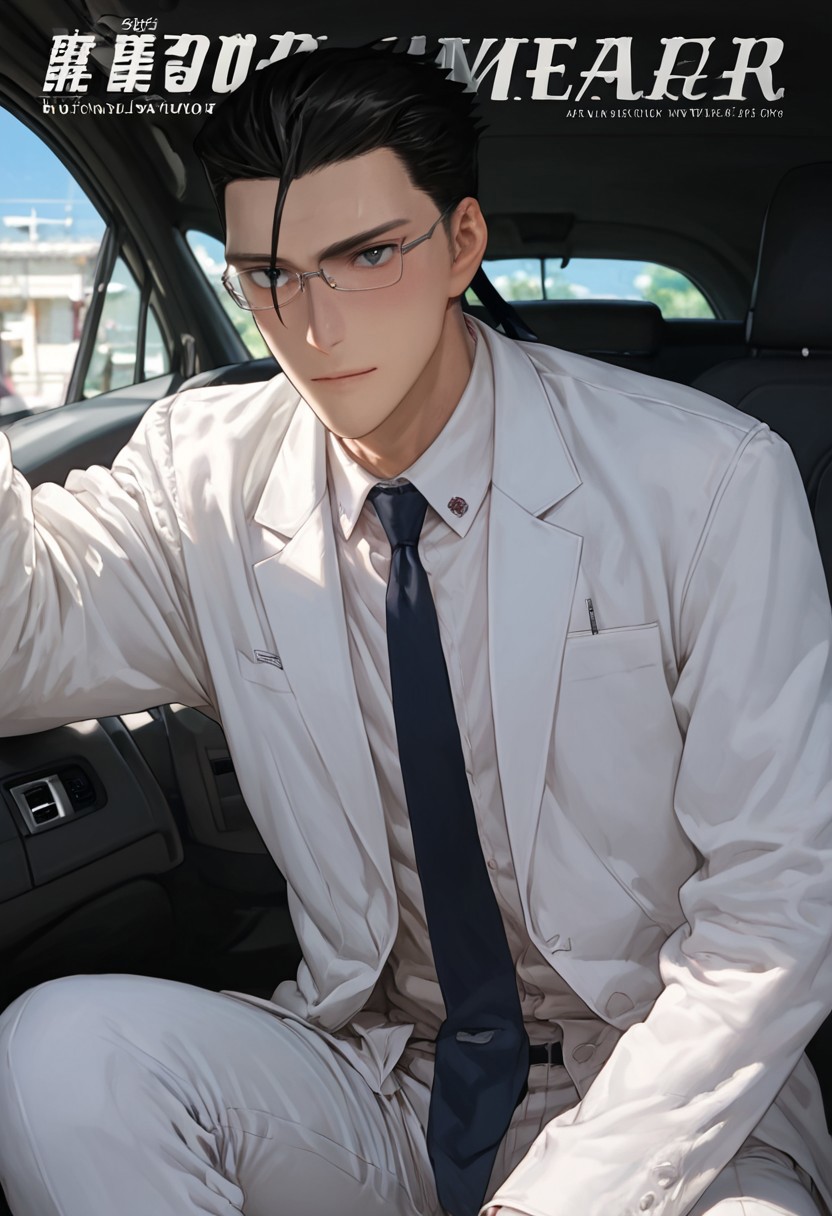 ((white limousine, indoor, inside a car, wedding, wedding magazine cover, wedding supermodel)), score_9, score_8_up, score_7_up, anime, 19 year old , ((1boy, solo)), male focus, slim toned male, Jinguuji, Tsukasa_Jinguuji, Black hair, One strand hair on forehead, black eyes, Pale skin, ((white shirt, tie, white coat tuxedo, white pants, long sleeved, full dressed formal, wedding costume)) ((white glasses)) pensive face, happy, come hither)),  muscular, athletic slim slender body, solo, cinematic color, highly detailed, best quality, best aesthetic, absurdres, refreshing, strong thighs, muscular legs, dynamic angle, 2d (((looking at viewer))) (((panoramic view:1.1))) ((tall)), 
jock, hung, muscular, score_9,score_8_up,score_7_up, source_anime, male focus, manly, tall, detailed eyebrow, sharp eyebrows, focus on thigh, bottom view, cowboy shot, from bottom view, tall, jock mature, hung, socks, slender,manly, tall, focus on thigh, (masculine, manly),