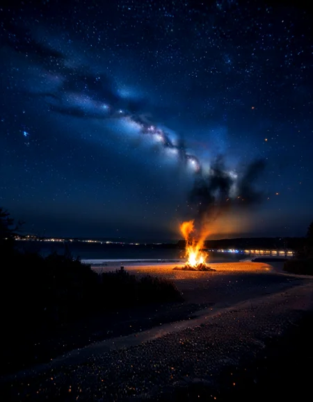 <lora:Starry_Scene:0.87> starryscene, outdoors, sky, night sky, star (sky), night time, midnight, noise offset, darkness, dark, night time, light particles, fire, black background, (real life, 1girl, blonde, embers)