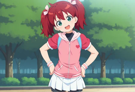 anime screencap, anime coloring, anime screenshot, upper body 1girl, red hair, twintails, green eyes, hair bow, pink hoodie, short sleeves, wristband, white skirt, bike shorts, outdoors, park, standing,  smile, open mouth, hands on hip, head tilt,  <lora:Sayaka_saru_illus:1>, masterpiece, best quality, amazing quality, very aesthetic, absurdres, highres, newest