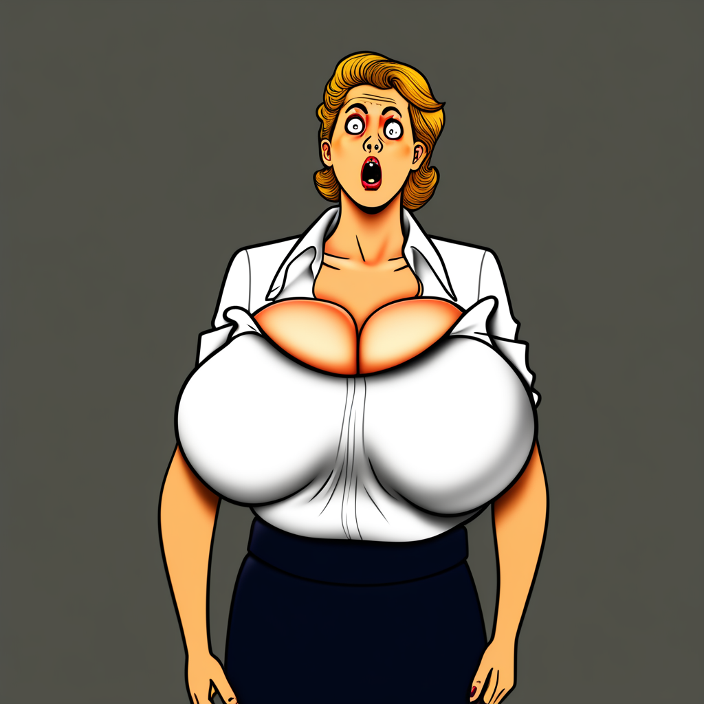 A secretary stands in awkward shock as her breasts suddenly grow larger, bulging over her blouse.  image centered on her chest