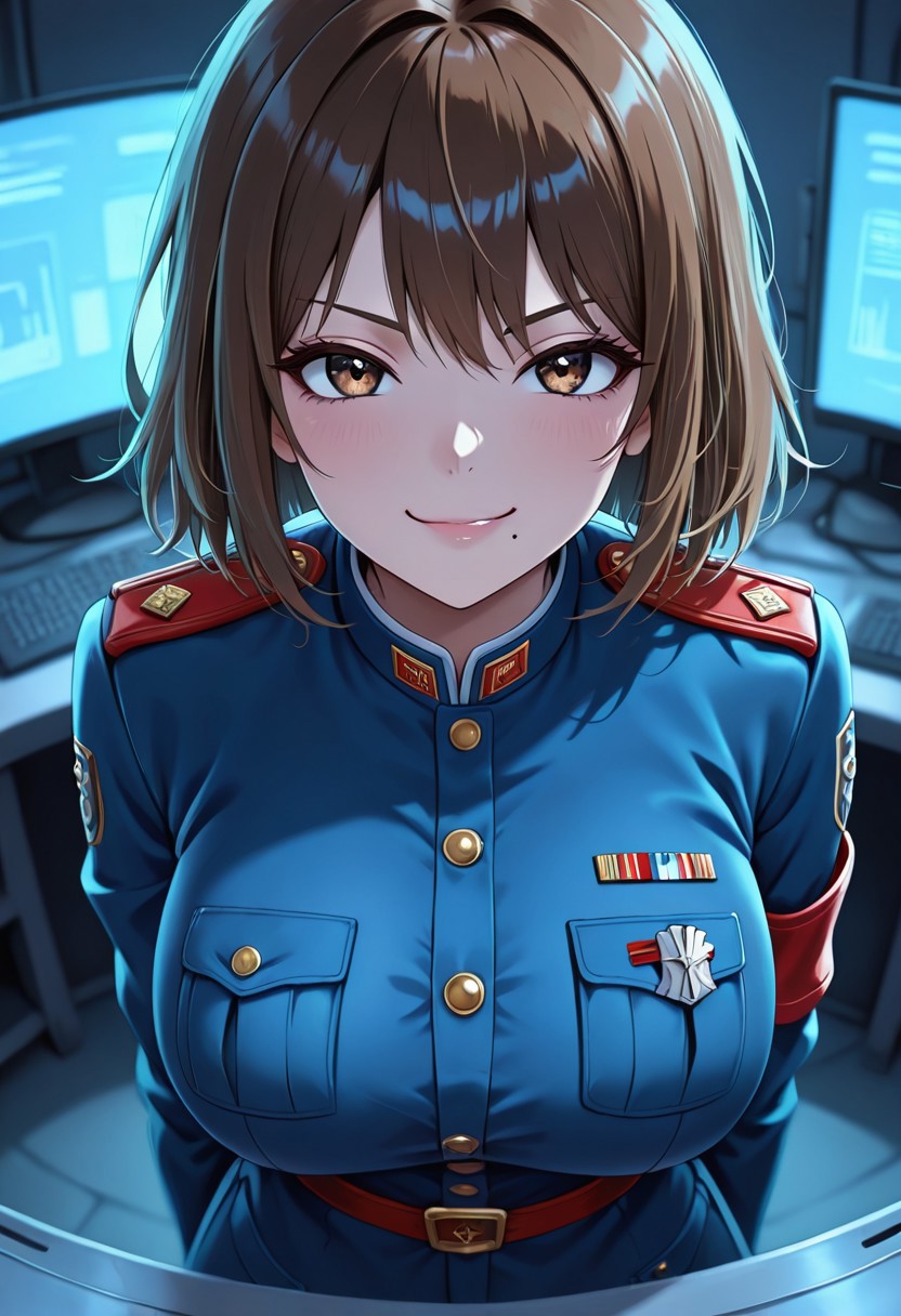 masterpiece, best quality, good quality, very aesthetic, absurdres, newest, 8K, depth of field,  in the style of cknc, artist:moriimee, in the style of cksc, 
1girl,kyouko_fujibayashi, short brown hair, brown eyes, mole under mouth, large breasts, military uniform, red accents, standing in command room, confident smirk, looking at viewer, from front
BREAK
military base, white consoles, screens glowing
BREAK
anime style, vibrant colors, high contrast, dynamic light, sharp outlines, rich details