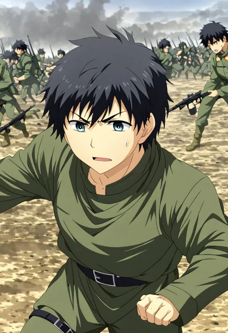 high resolution, solo, best quality, 1Boy, Arata Kaizaki, Black Hair, military, battlefield, OverallDetail