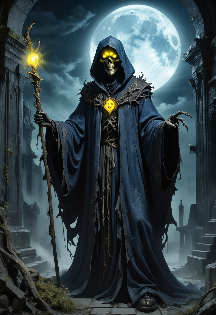 (medium full shot) of (sinister lich) with glowing yellow eyes, wearing a midnight blue tattered robe, flowing robes, enchanted shoes, holding a gnarled staff with glowing crystal, surrounded by surrounded by a ominous aura, set in  Forgotten Citadel, Decaying fortress with weathered walls, collapsed towers, overgrown courtyards, the haunting beauty of a bygone era, the sense of history and mystery in the air, under a full moon, ,Masterpiece,best quality, raw photo, realistic, very aesthetic, dark