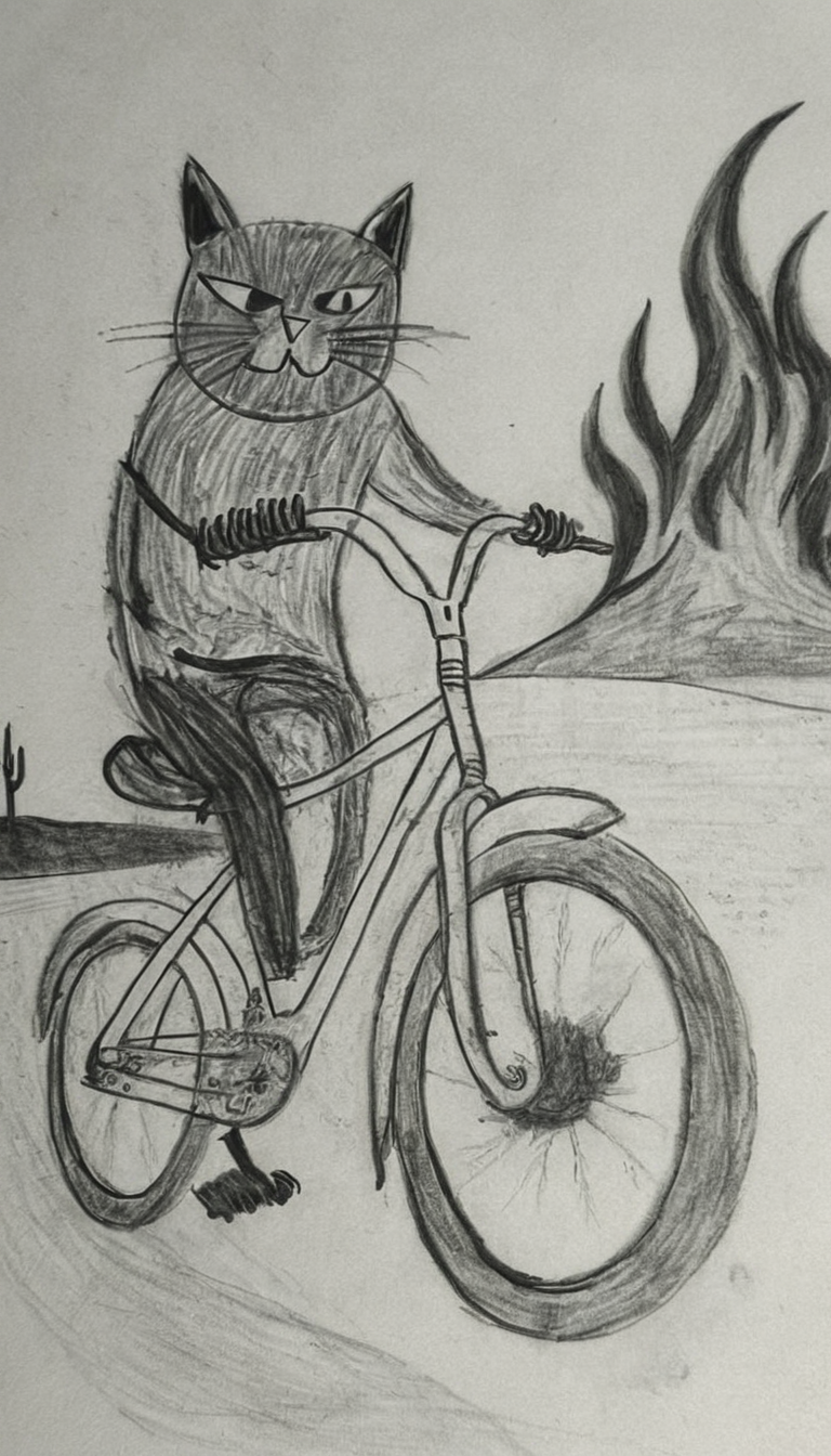 a cat on a bike infront of a wildfire <lora:DD-Drawing-XL:1> black and white drawing