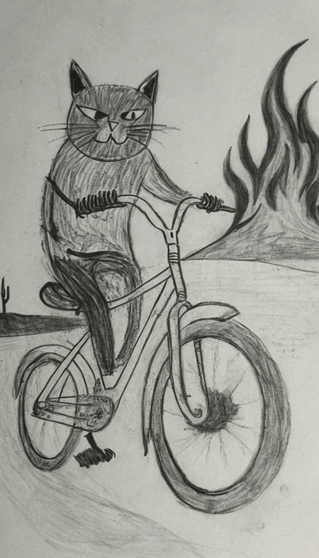 a cat on a bike infront of a wildfire <lora:DD-Drawing-XL:1> black and white drawing