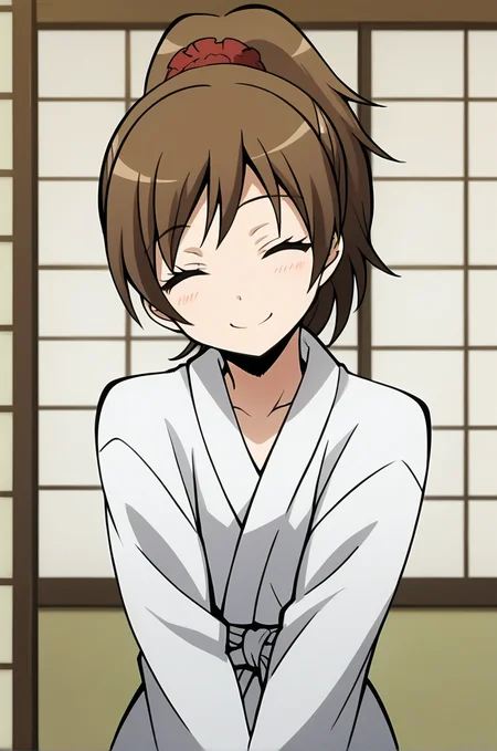 score_9, score_8_up, score_7_up, score_6_up, score_5_up, score_4_up, source_anime, BREAK 1girl, <lora:Yada_Toka:1>, yadatoka, brown hair, high ponytail, red scrunchie, white yukata, closed eyes, smile, head tilt, v arms, japanese room