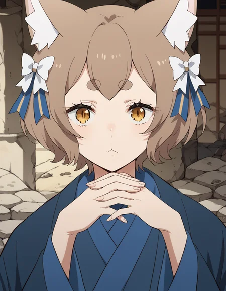 score_9, score_8_up, score_7_up, source_anime, <lora:felix-argyle-s3-p1-ponyxl-lora-nochekaiser:1>, felix argyle, short hair, bangs, brown hair, bow, animal ears, hair bow, male focus, cat ears, eyelashes, bob cut, thick eyebrows, white bow, otoko no ko,, japanese clothes, kimono, blue kimono, ruins, old, stone, history, fallen, , <lora:gendou-pose-ponyxl-lora-nochekaiser:1>, gendou pose, own hands clasped, own hands together, parody,, looking at viewer, solo,, dutch angle, cowboy shot