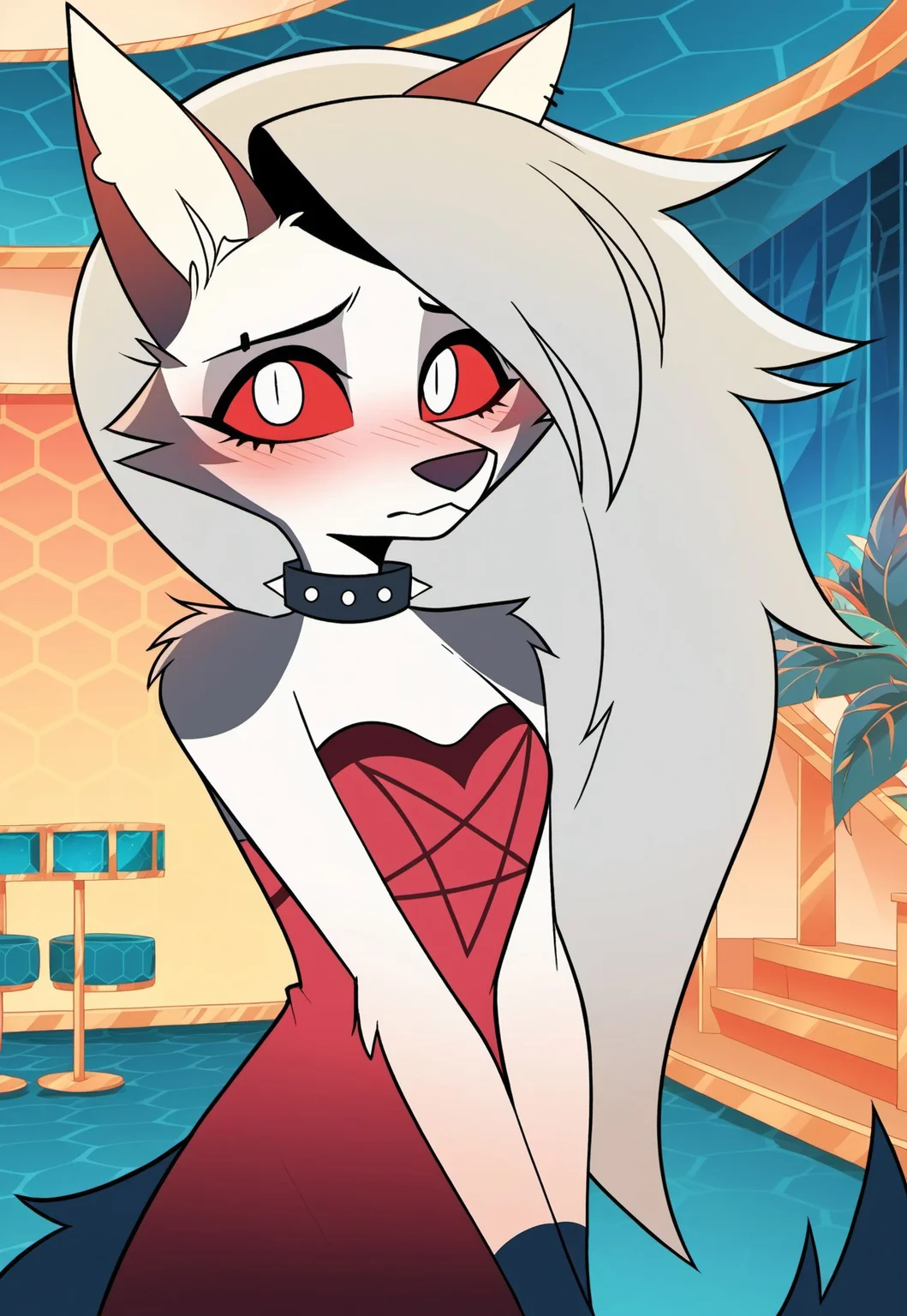 SCORE_9, SOURCE_ANIME, LOONA, FURRY, GREY HAIR, SILVER EYES, RED SCLERA, SHY, BLUSH, PENTAGRAM DRESS, SPIKED COLLAR, PIERCED EYEBROW, CLUB, NIGHT