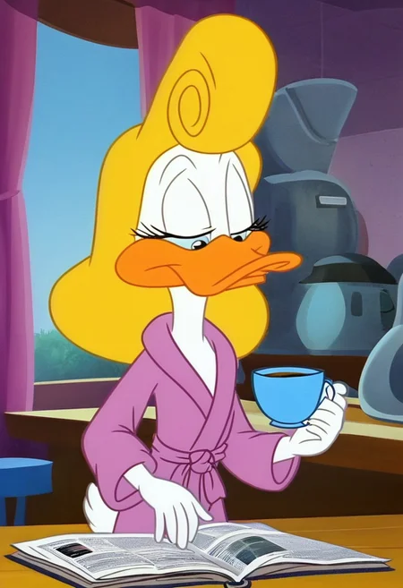 Upper body focus, 1girl, solo,white fur, duck, orange legs, blonde hair, Shirley_loon, wear only bathrobe, one hand holding a cup of coffee, sleepy eyes, looking down, mouth closed, sitting at table, reading newspaper,
Kitchen background, early morning, sun rise,
perfect hands, masterpiece, show accurate, perfect anatomy,