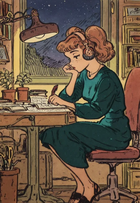 safe_pos, 1girl, solo, sexy, brown hair, cute face, toned body, long brown wavy hair, freckles, hazel eyes, feet, twin ponytails, BREAK,

wearing a blue button-down dress, 1940s casual house dress, BREAK,

zzLofi, sitting, side view, desk, chair, book, bookshelf, head rest, holding, holding pen, lamp, night, open book, pen, plant, potted plant, sky, star (sky), starry sky, window, windowsill, writing, BREAK, 

vintage romance comic, muted colors, neutral palette, sepia tones, ink crosshatching, official style, original art style, (safe_pos, fine texture, masterpiece, ultra-detailed, very aesthetic, absurdres, volumetric lighting, scenery), BREAK.