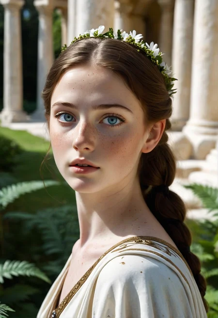 A close-up photograph of a beautiful and graceful young roman woman, wearing a simple white stola, wandering deep in the ruins of an ancient roman town, a once elaborately painted villa still has a garden with a pebble path, and is overgrown with green ferns and flowering acanthus plants. Dark, long shadows, shimmering water, simple but stunning architecture. (luc14nn4, freckles on her nose, long hair, brown hair, expressive blue eyes, soft pale skin.)