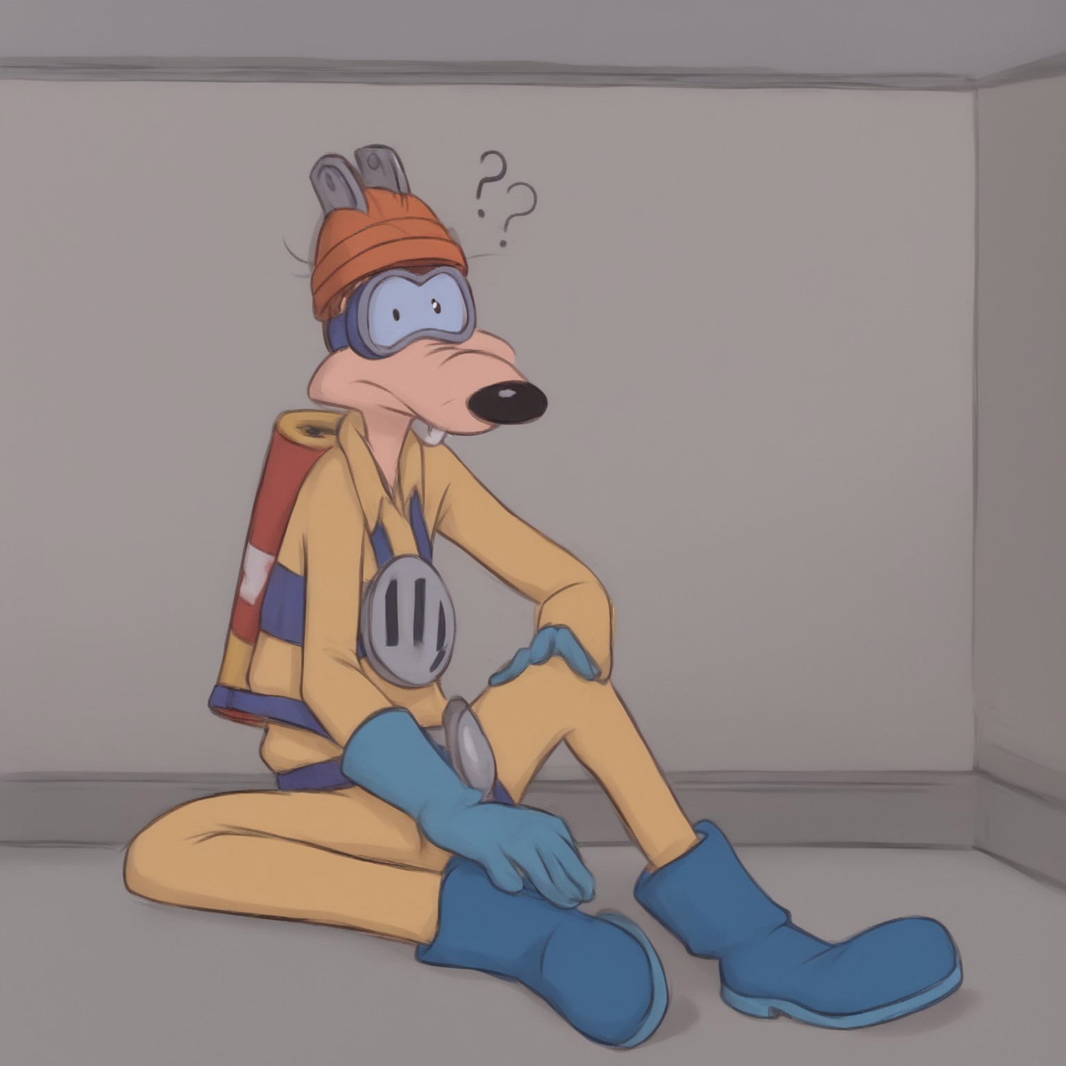 portrait, solo,
BREAK <lora:megavolt:1>, 1boy, orange helmet, yellow jumpsuit, blue gloves, blue boots, red battery on back, one small eye and one dilated eye, looking at viewer, confused