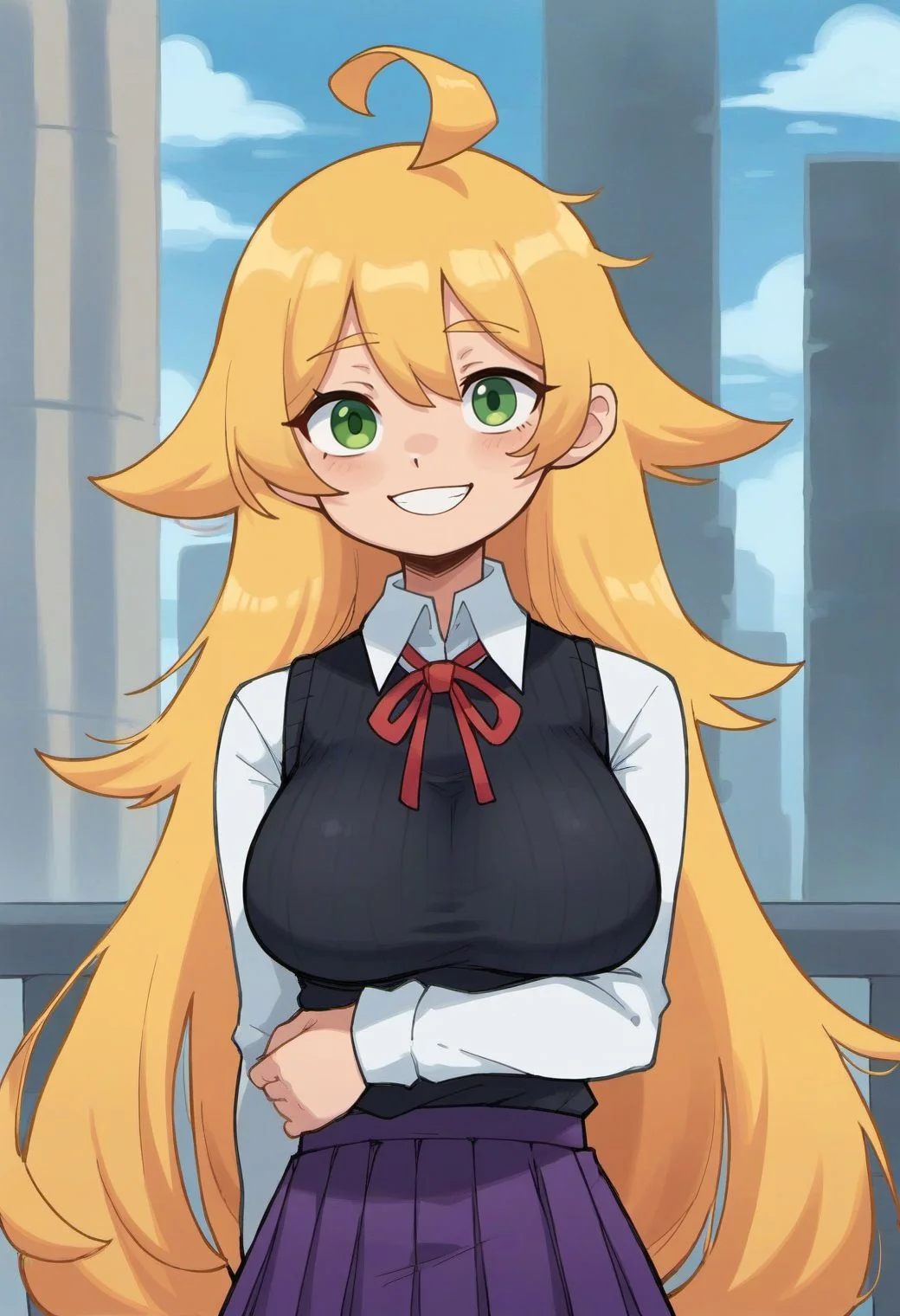 score_9, score_8_up, score_7_up,
1girl, solo, blonde hair, very long hair, green eyes, ahoge, white shirt, black sweater vest, neck ribbon, collared shirt, long sleeves, purple skirt, pleated skirt, big breasts, looking at you, smile, blue sky, city, upper body, happy
<lora:gnsisir style v1:0.7>, gns1s1r,