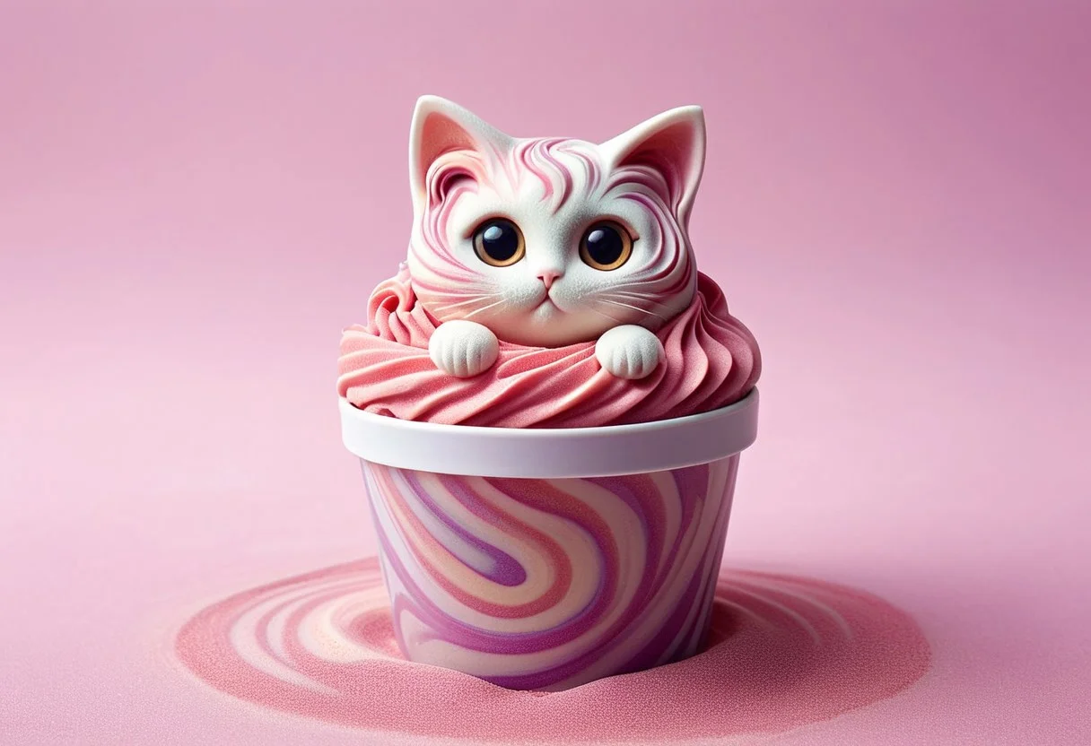 A cute chibi cat with big eyes on in a ice cream swirl inside a ice cream container, sandswirl, swirling sand