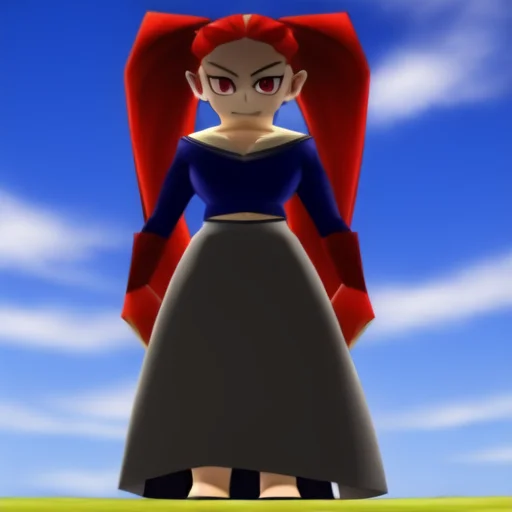 (la brava:1) standing, school uniform,(long skirt:1.4) red hair, twin tails, shortstack, serafuku, red eyes, cloudy sky, full body,