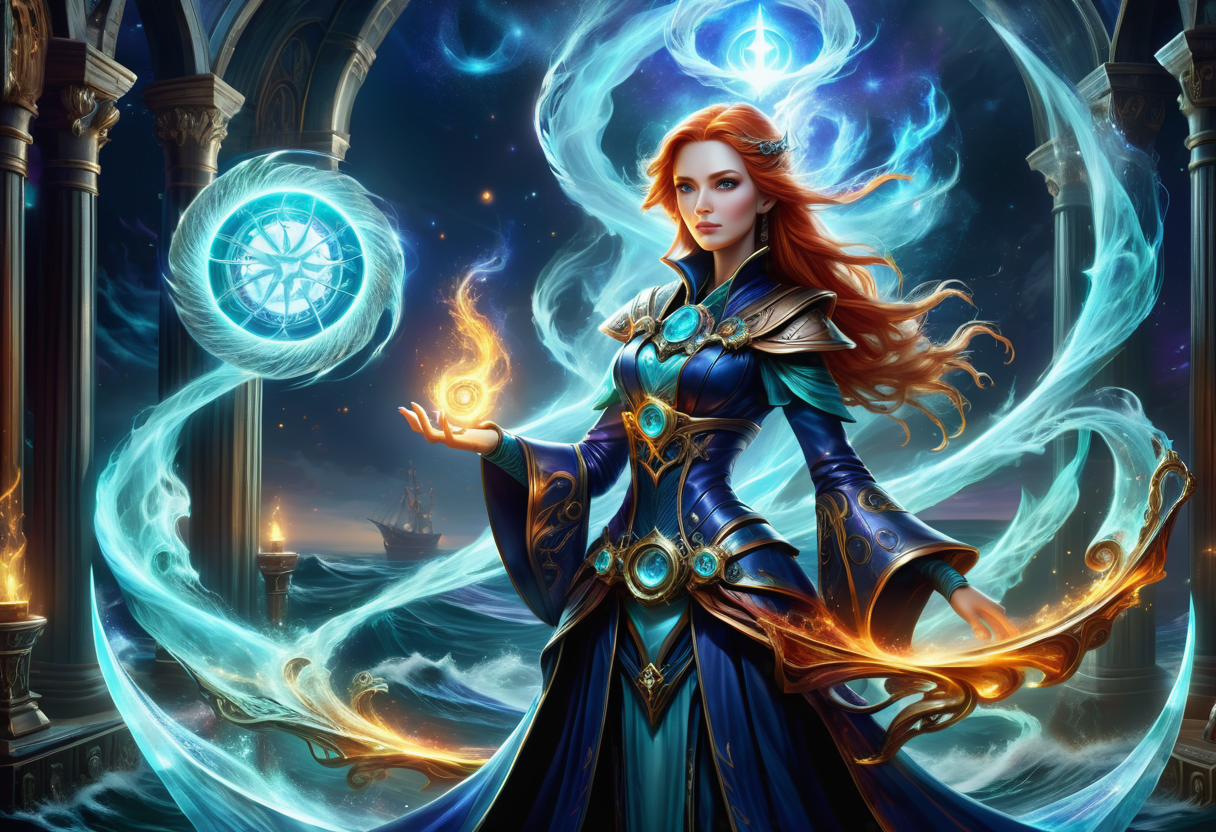 hyper detailed masterpiece, dynamic, awesome quality,  nautical psionic DonMM4g1cXL magic, sorceress <lora:DonMM4g1cXL:1>