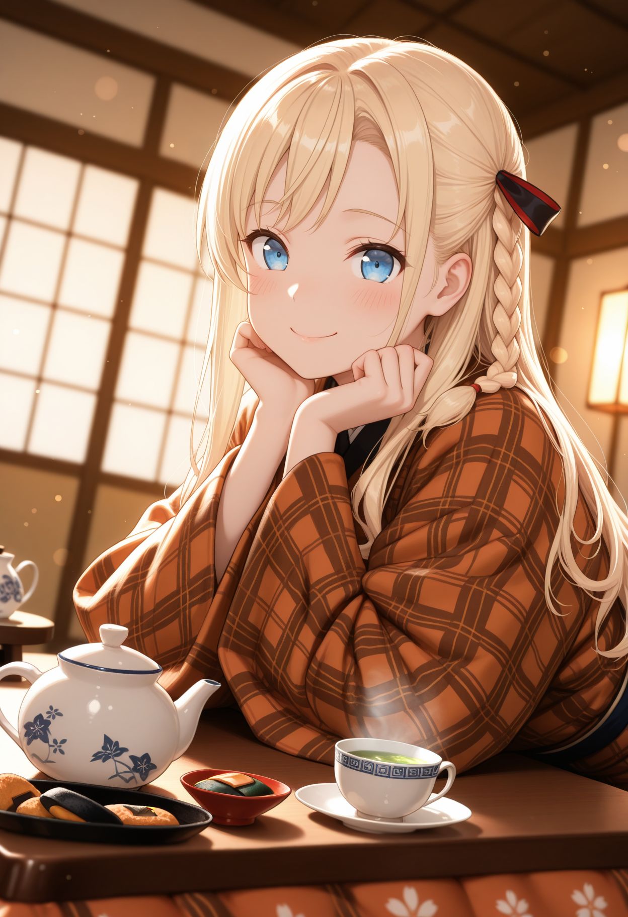 masterpiece,best quality,absurdres,highres,very aesthetic,high quality,detailed,insanely detailed,beautiful,perfect lighting, ,depth of field,blurry background,bokeh,
winter clothes, tea, kotatsu, low table, small japanese teapot, green tea, senbei, smile, blush, looking at viewer, <lora:Wilhema  illu:1> 1girl, blonde hair, long hair, blue eyes, single braid,