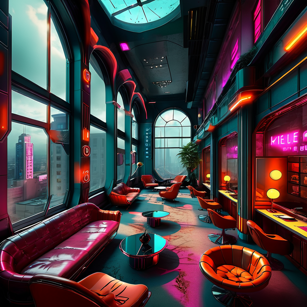 retro  fashion style hotel lobby, high ceilings, large windows, view city, cyberpunk  <lora:retro fashion cyberpunk style:1>